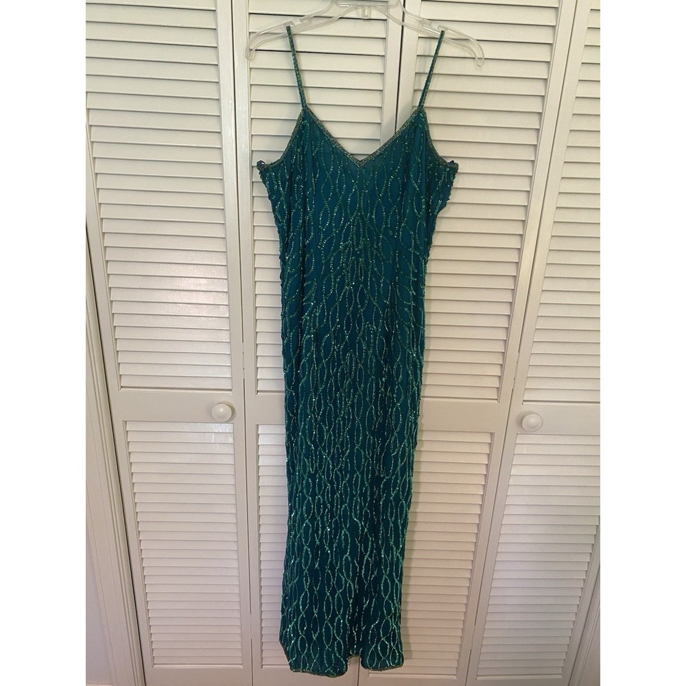 Laurence Kazar VTG Emerald Green Silk Sequin Maxi Dress Mermaidcore L